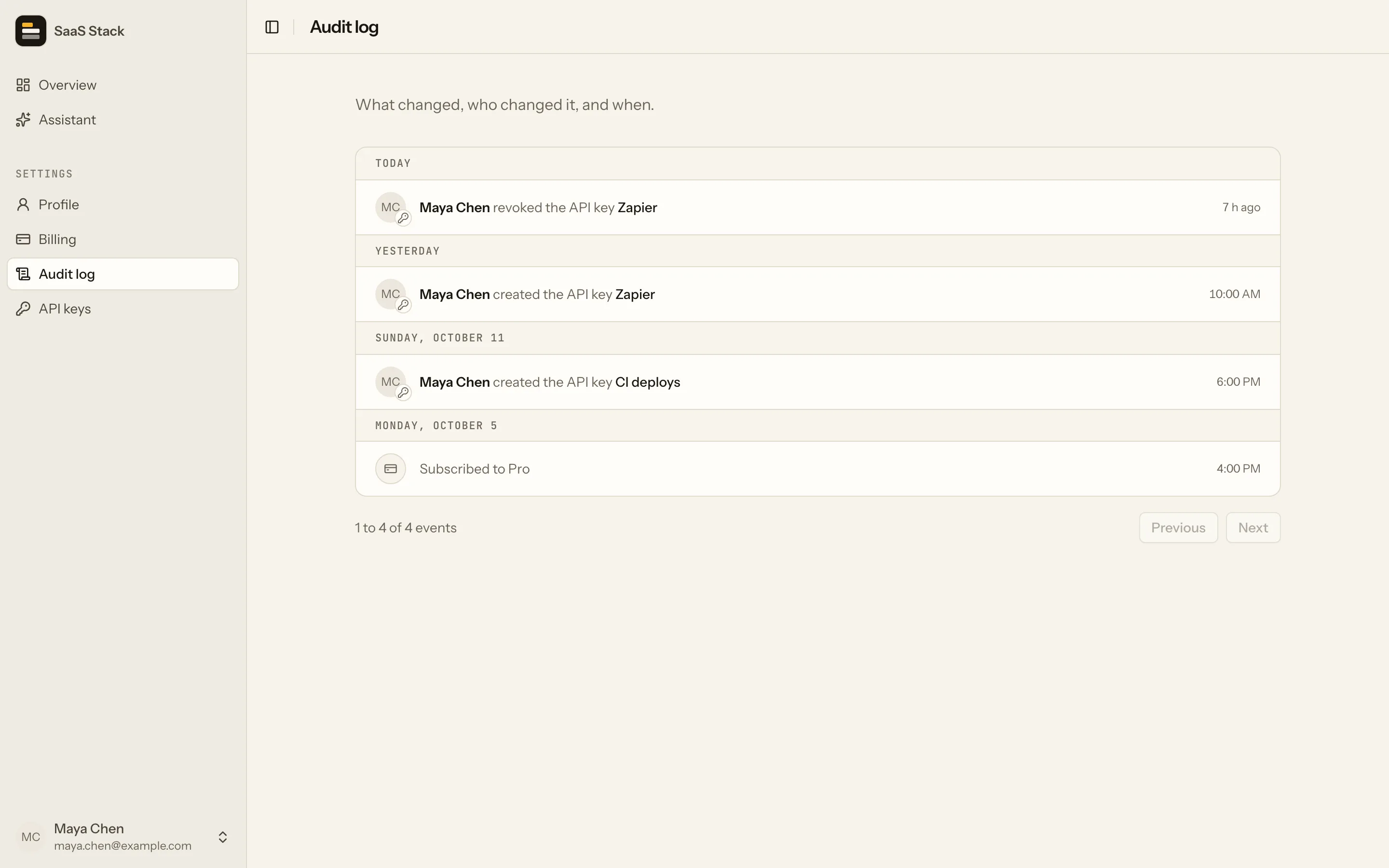 The record of changes in the app