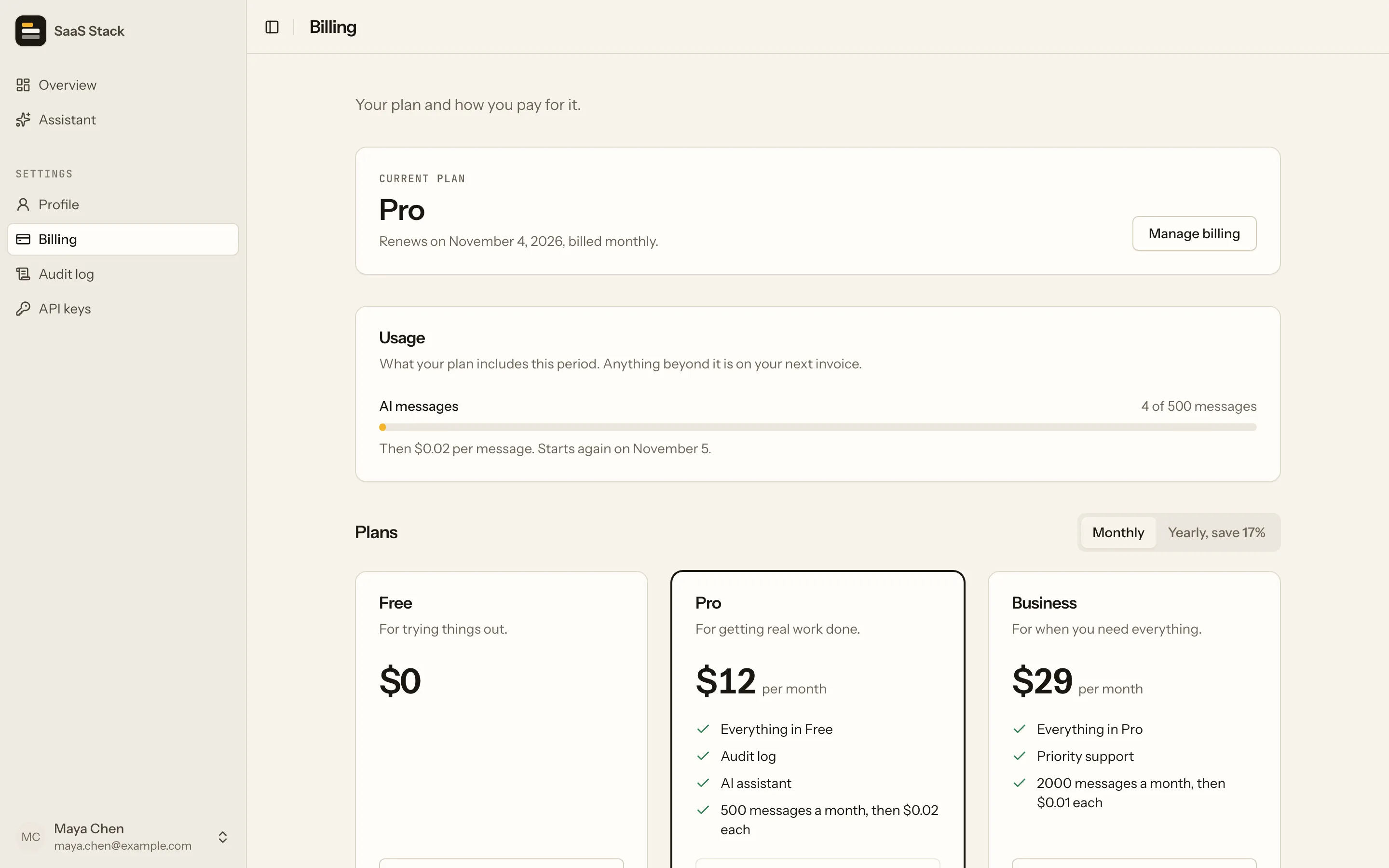 Plans and billing in the app